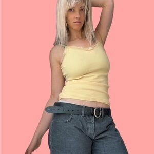 Yellow Lace-Trim Ribbed Tank Top - Women